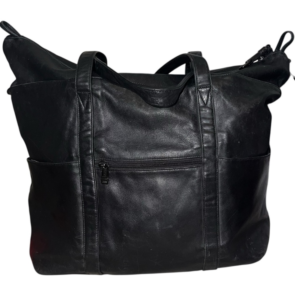 TUMI Black Leather Expandable Weekender Tote Duffel Bag